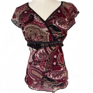 VINTAGE Y2K Babydoll Paisley Semi Sheer Beaded Top Whimsigoth Fairy Grunge Sz XL